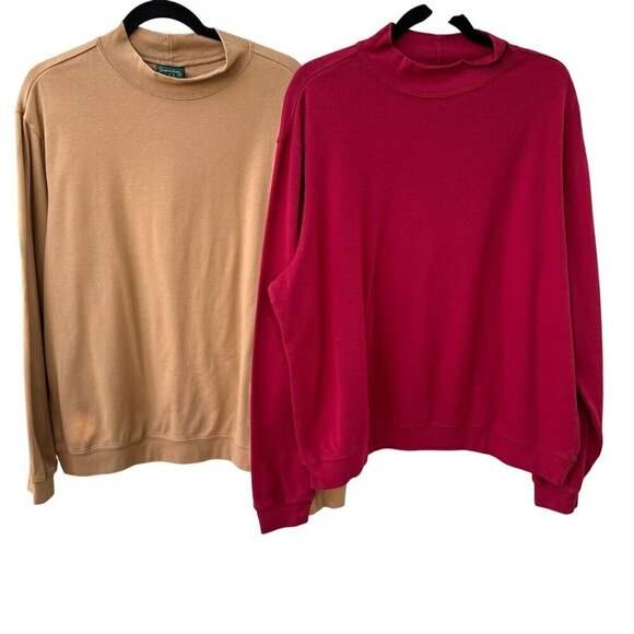 Scandia Woods Vintage Mens Long-Sleeve Mock Neck Shirts Set Of 2 Beige & Red XLG - Picture 1 of 9